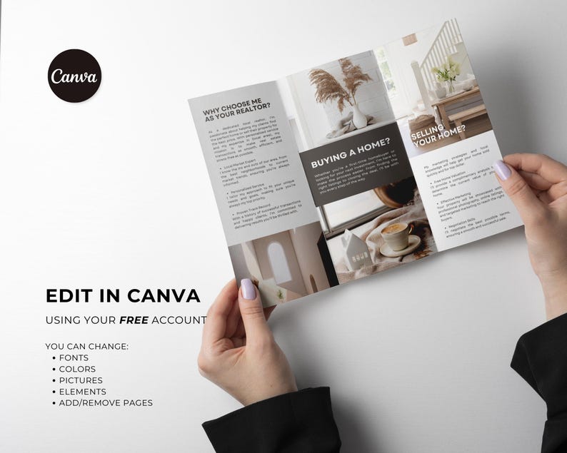 Puede incluir: Un folleto con el logotipo de Canva, con texto sobre la compra y venta de una casa. El folleto est&aacute; en manos de una persona. El texto incluye "Editar en Canva" y opciones para cambiar fuentes, colores, im&aacute;genes, elementos y agregar/eliminar p&aacute;ginas.