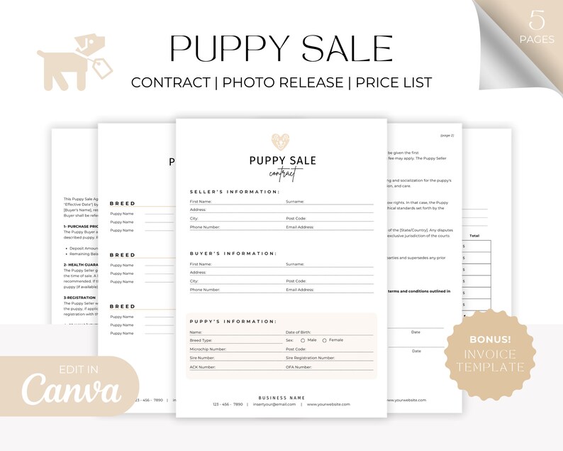 May include: A printable puppy sale contract template with a beige dog icon and the text "Puppy Sale Contract | Photo Release | Price List". The template includes sections for seller information, buyer information, puppy information, and a price list.