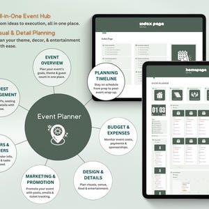 Puede incluir: Dos tabletas muestran una interfaz de aplicaci&oacute;n de planificaci&oacute;n de eventos. La aplicaci&oacute;n incluye secciones para la descripci&oacute;n general del evento, la gesti&oacute;n de invitados, proveedores, marketing, dise&ntilde;o, presupuesto y cronograma. El texto dice "All-in-One Event Hub" y "Event Planner."