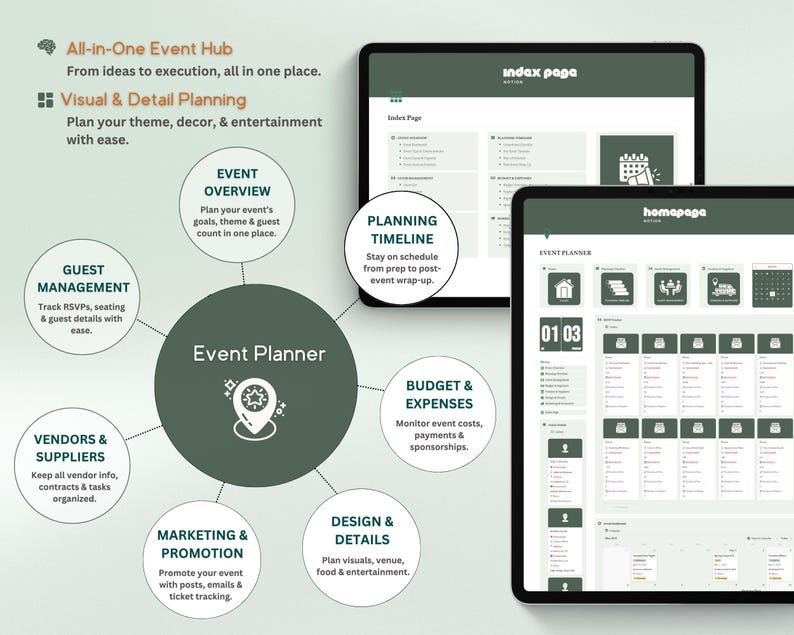 Puede incluir: Dos tabletas muestran una interfaz de aplicaci&oacute;n de planificaci&oacute;n de eventos. La aplicaci&oacute;n incluye secciones para la descripci&oacute;n general del evento, la gesti&oacute;n de invitados, proveedores, marketing, dise&ntilde;o, presupuesto y cronograma. El texto dice "All-in-One Event Hub" y "Event Planner."
