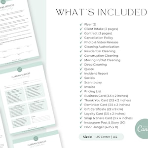 May include: A checklist of services offered by a cleaning company. The checklist includes a flyer, client intake form, contract, cancellation policy, photo and video release, cleaning authorization, residential cleaning, construction cleaning, moving in/out cleaning, deep cleaning, quote, incident report, socials, scan to pay, invoice, pricing list, business card, thank you card, reminder card, gift certificate, loyalty card, snap and share card, Instagram post and story, and door hanger. The checklist is available in US Letter and A4 sizes.