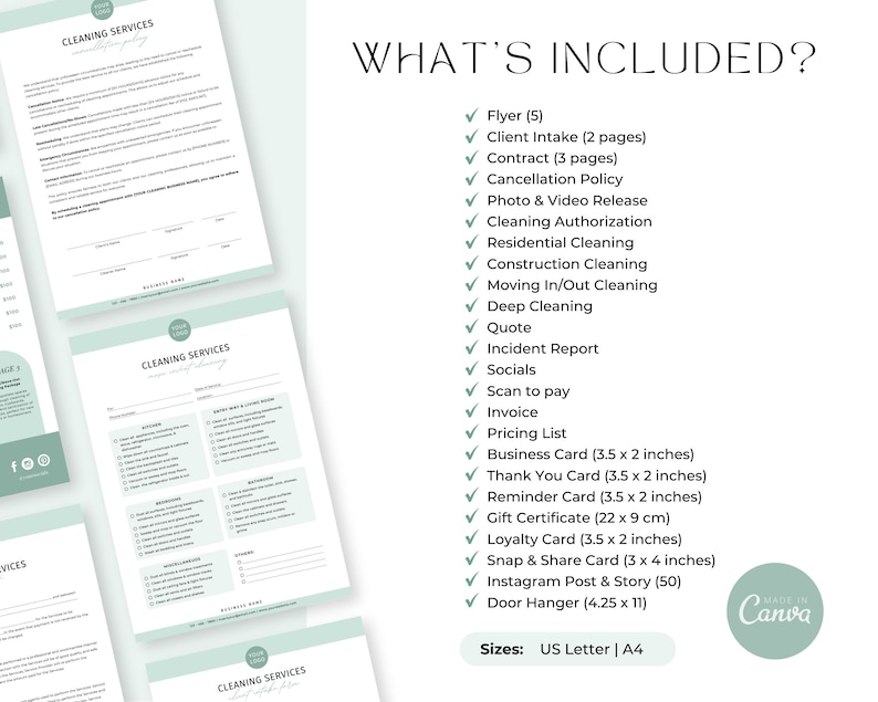 May include: A checklist of services offered by a cleaning company. The checklist includes a flyer, client intake form, contract, cancellation policy, photo and video release, cleaning authorization, residential cleaning, construction cleaning, moving in/out cleaning, deep cleaning, quote, incident report, socials, scan to pay, invoice, pricing list, business card, thank you card, reminder card, gift certificate, loyalty card, snap and share card, Instagram post and story, and door hanger. The checklist is available in US Letter and A4 sizes.