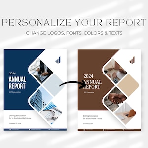 May include: Two annual report designs, one in navy blue and the other in brown, with the text "2024 Annual Report." The reports feature geometric designs and the tagline "Driving Innovation for a Sustainable Future."
