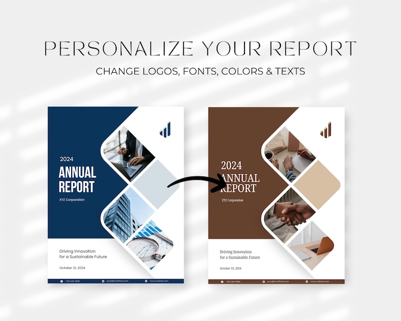 May include: Two annual report designs, one in navy blue and the other in brown, with the text "2024 Annual Report." The reports feature geometric designs and the tagline "Driving Innovation for a Sustainable Future."