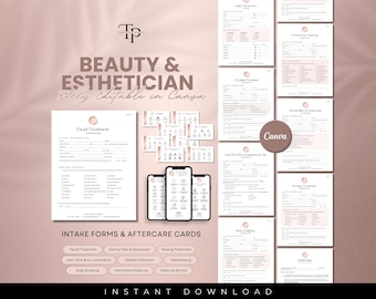 May include: A set of printable intake forms and aftercare cards for beauty and esthetician businesses. The forms are fully editable in Canva and include services such as facial treatments, derma filler, waxing, lash lift, brow lamination, eyelash extensions, hairdressing, body sculpting, permanent makeup, and makeup services.