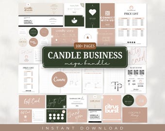 May include: A digital product bundle for candle businesses. The bundle includes over 100 pages of templates for Canva, including price lists, gift cards, loyalty cards, and social media graphics. The templates feature a minimalist aesthetic with a green and brown colour scheme.