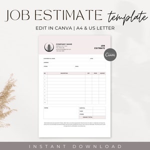 Pode incluir: Um modelo de estimativa de trabalho bege e branco com um logotipo de edifício simples e o texto "JOB ESTIMATE" em preto. O modelo é projetado para uso com Canva e inclui campos para informações do cliente, data, descrição, quantidade, preço, valor, subtotal, impostos, outros e total geral.