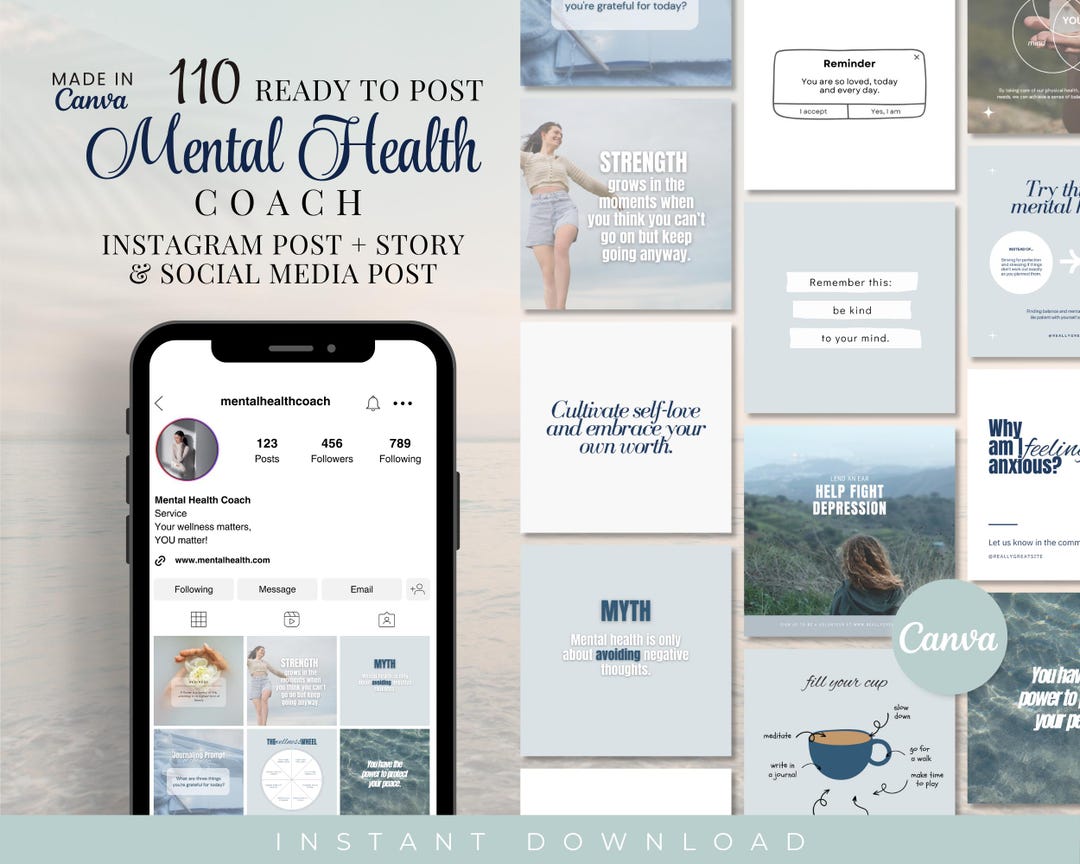 Mental Health Coach Instagram Post + Story & Social Media Post, Read-to ...