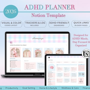Feminine Pink & Purple ADHD Notion Planner, Notion Template ADHD, Notion Dashboard, Planner For Productivity Organization, Self Care Planner