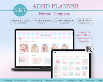Feminine Pink & Purple ADHD Notion Planner, Notion Template ADHD, Notion Dashboard, Planner For Productivity Organization, Self Care Planner