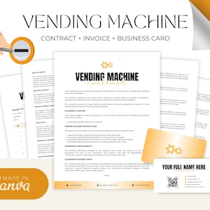 May include: A five-page contract template for a vending machine business. The contract includes a business card with a QR code and the text "Vending Machine Contract".