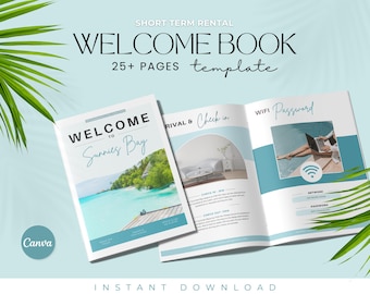 Peut inclure: Un modèle de livre de bienvenue pour les locations de courte durée avec un thème tropical. La couverture présente une photo de plage avec le texte "Bienvenue à Sunnies Bay". Les pages intérieures comprennent des sections pour les informations d'arrivée, le mot de passe WiFi et d'autres conseils utiles pour les clients.