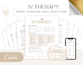 May include: A set of printable forms for IV therapy, including a consultation form, aftercare card, and loyalty card. The forms are designed in a minimalist style with a beige background and black text. The loyalty card features a crown icon and nine circles for stamps.