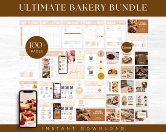 May include: A collage of images showcasing a bakery bundle with over 100 pages of templates and graphics. The bundle includes social media graphics, menus, price lists, order forms, and more. The images feature a variety of baked goods, including pastries, cakes, and bread. The text "Canva" is visible in the image.