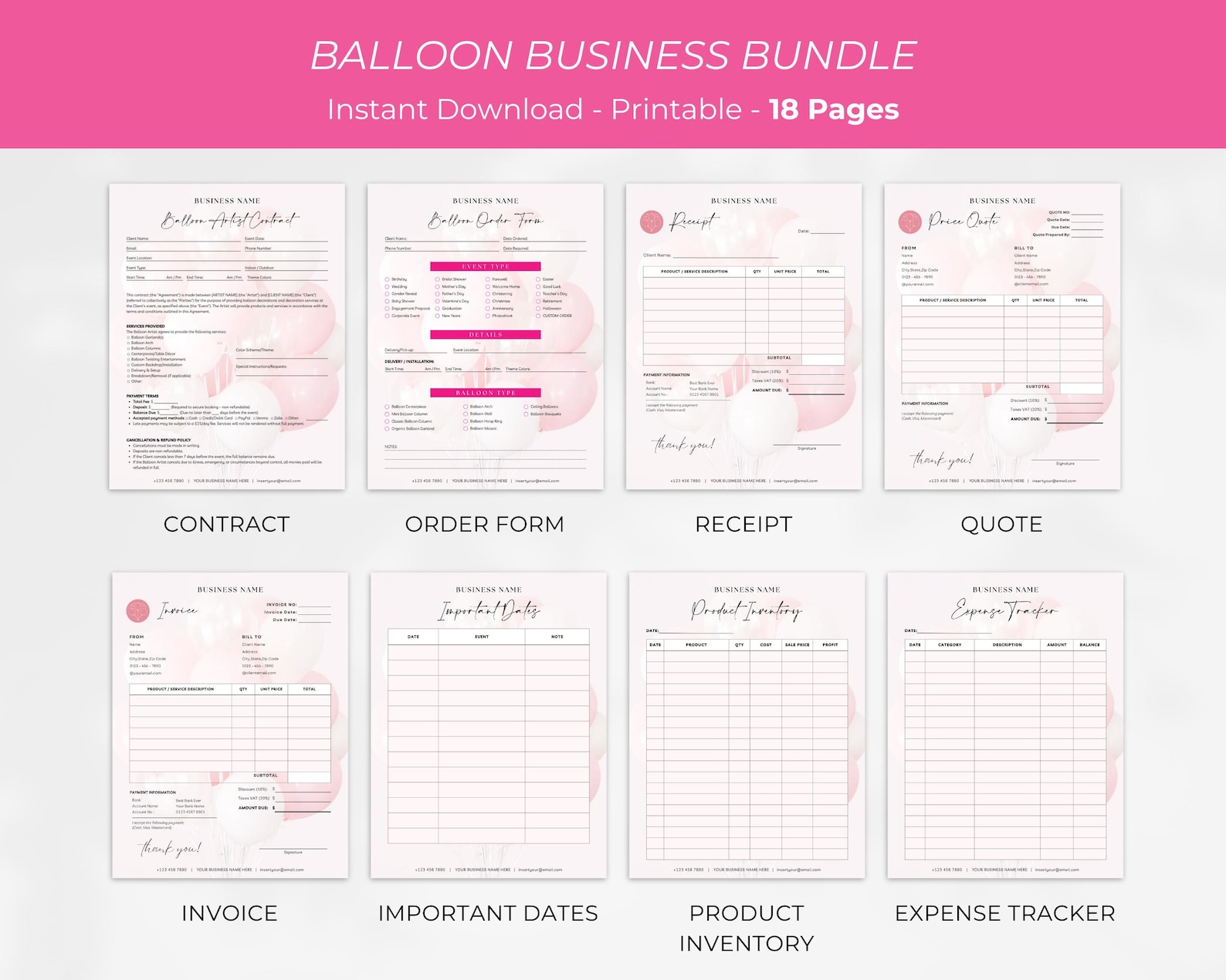 30 Pages Balloon Garland Business Forms Bundle, Price List, Contracts ...