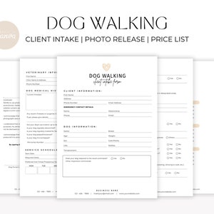 Plantilla de acuerdo/contrato de servicio de paseo de perros, formulario de admisión de nuevos clientes de negocios de paseo de perros editable e imprimible, factura de formularios de cuidado de mascotas