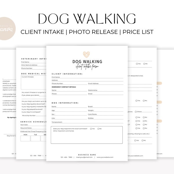 Dog Walking Service Agreement/Contract Template, Editable & Printable Dog Walking Business New Client Intake Form, Pet Sitting Forms Invoice