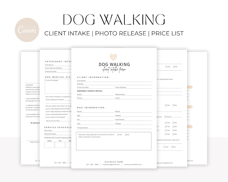 May include: A black and white printable form for dog walking services. The form includes sections for client information, dog information, veterinary information, and service schedule. The form has the title "Dog Walking Client Intake Form".