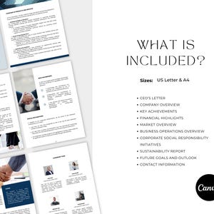 May include: A collection of business documents, including a CEO's letter, company overview, and financial highlights. The documents are displayed on a white background with the text "WHAT IS INCLUDED?" and a list of contents. The documents are available in US Letter and A4 sizes.