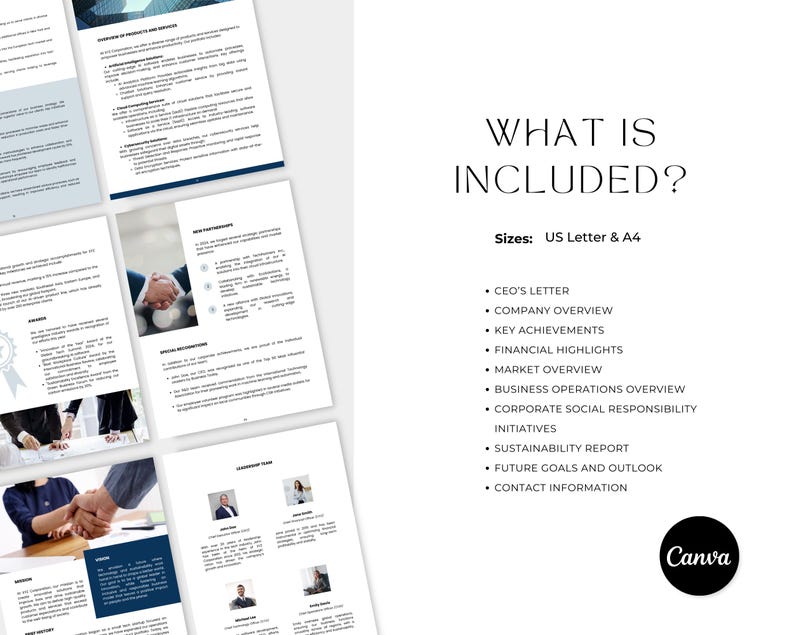 May include: A collection of business documents, including a CEO's letter, company overview, and financial highlights. The documents are displayed on a white background with the text "WHAT IS INCLUDED?" and a list of contents. The documents are available in US Letter and A4 sizes.
