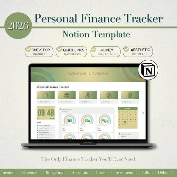 Personal Finance Tracker Notion Planner, Notion Template Finance, Notion Dashboard, Money Tracker For Productivity And Organization, Notion