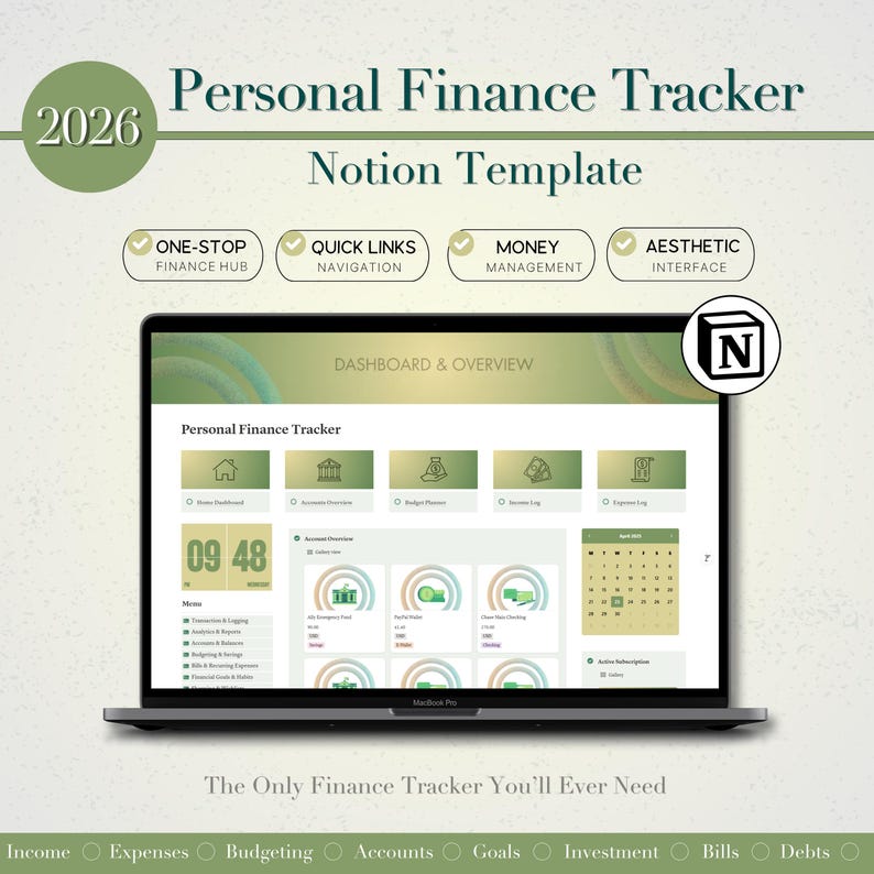 Personal Finance Tracker Notion Planner, Notion Template Finance, Notion Dashboard, Money Tracker For Productivity And Organization, Notion image 1