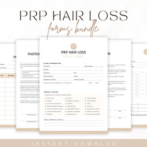 Op de afbeelding: Een set van drie printbare formulieren voor PRP-haaruitvalbehandelingen. De formulieren omvatten klantgegevens, medische geschiedenis en behandelingsdetails. De formulieren zijn ontworpen in een minimalistische stijl met een lichtbruin en wit kleurenschema.