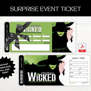 Druckbare Wicked Broadway Überraschungskarte, Wicked Musical Collectible Theaterkarte, bearbeitbares Musiktheater Faux Event Eintritt Souvenir