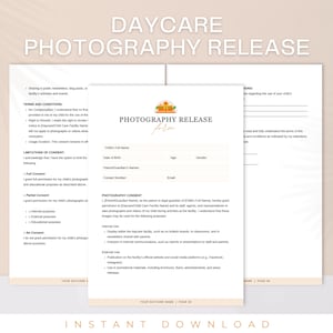 デイケア写真リリースフォーム、写真リリース、写真同意、デイケアフォーム、幼稚園写真リリース、デイケアテンプレート、編集可能な同意フォーム