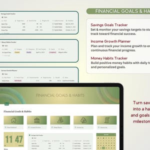 May include: A computer screen displaying a website with the title "Financial Goals & Habits". The website features a green and gold color scheme and includes sections for savings goals, income growth, and money habits. The text "Turn saving into a habit. And goals into milestones" is displayed on the right side of the screen.