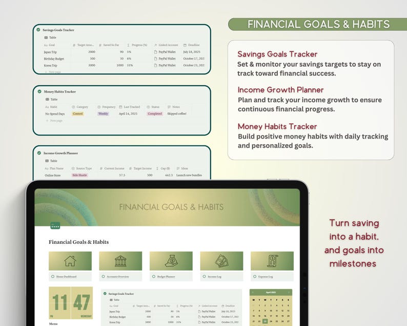 May include: A computer screen displaying a website with the title "Financial Goals & Habits". The website features a green and gold color scheme and includes sections for savings goals, income growth, and money habits. The text "Turn saving into a habit. And goals into milestones" is displayed on the right side of the screen.