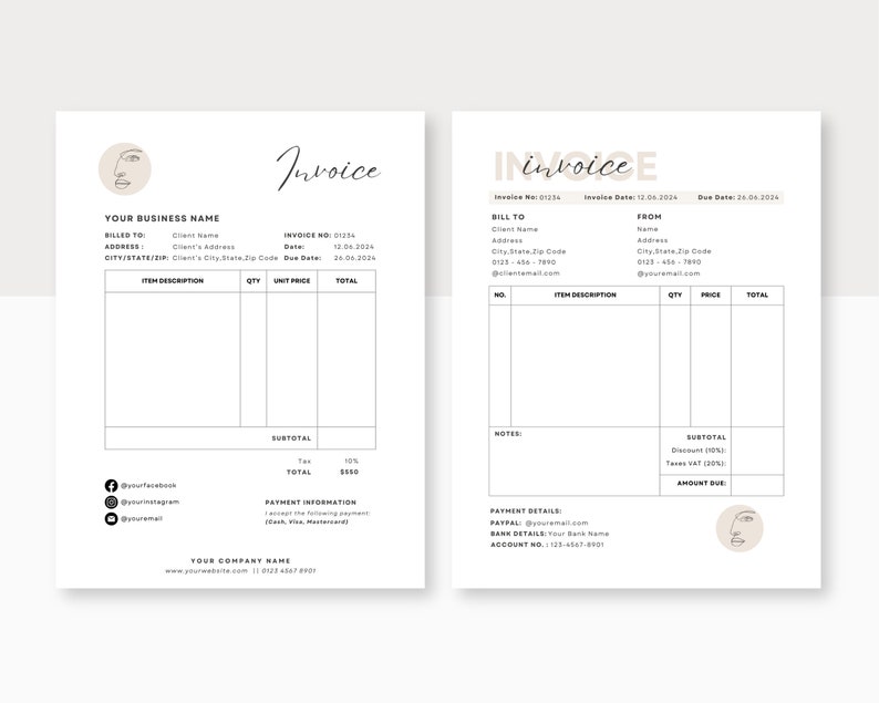 May include: A minimalist invoice template with a beige background and black text. The template includes sections for billing information, item descriptions, quantity, price, total, subtotal, tax, and payment details. The invoice number is 01234, the invoice date is 12.06.2024, and the due date is 28.06.2024.