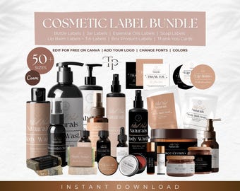 May include: A bundle of 50+ cosmetic labels for bottles, jars, essential oils, soaps, lip balms, tins, boxes, and thank you cards. The labels are in a minimalist style with a neutral color palette and feature the text "Naturals" and "Lip Balm".