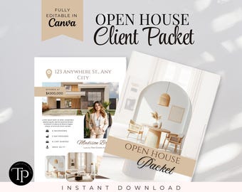 May include: A printable open house client packet template with a beige and white colour scheme. The template features a photo of a modern home with a white exterior and a brown roof. The text "OPEN HOUSE Client Packet" is in a black font. The text "123 ANYWHERE ST., ANY CITY" is in a brown font. The text "OFFERED AT £4,300,000" is in a brown font. The text "Madison Br Luxury Real Estate" is in a brown font. The text "OPEN HOUSE Packet" is in a brown font. The text "INSTANT DOWNLOAD" is in a black font.