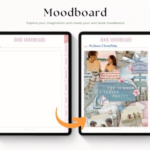 Puede incluir: Dos tabletas digitales que muestran un moodboard de libro. La tableta izquierda muestra una plantilla en blanco, mientras que la derecha presenta un moodboard para "The Summer I Turned Pretty" con fotos, texto y elementos decorativos. La palabra "Moodboard" est&aacute; en la parte superior.