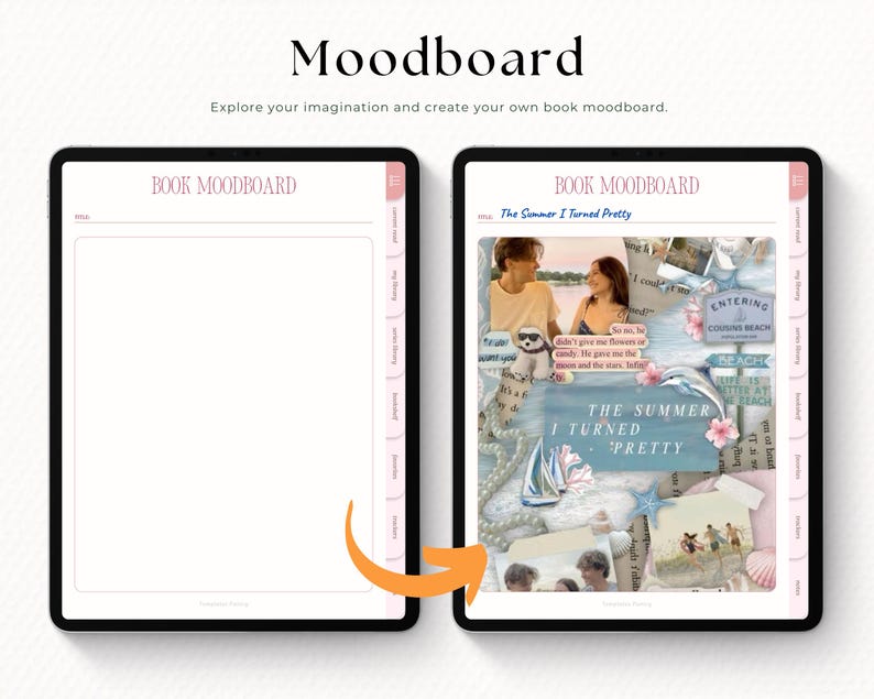Puede incluir: Dos tabletas digitales que muestran un moodboard de libro. La tableta izquierda muestra una plantilla en blanco, mientras que la derecha presenta un moodboard para "The Summer I Turned Pretty" con fotos, texto y elementos decorativos. La palabra "Moodboard" est&aacute; en la parte superior.