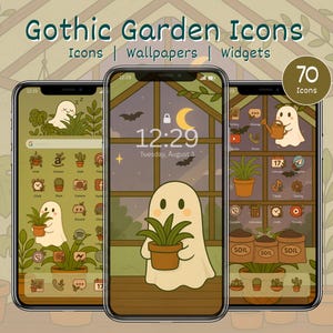 May include: Three smartphones displaying a digital theme titled Gothic Garden Icons, featuring 70 icons, wallpapers, and widgets. The screens show cartoon ghosts in a greenhouse setting with plants, soil bags, and bats in muted green and brown tones.