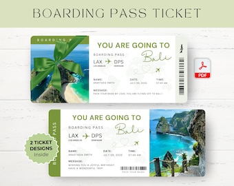 May include: Two printable boarding pass ticket designs with a tropical beach scene and a green bow. The text on the ticket says "You are going to Bali" and includes the flight information LAX to DPS, the date, time, and a message.