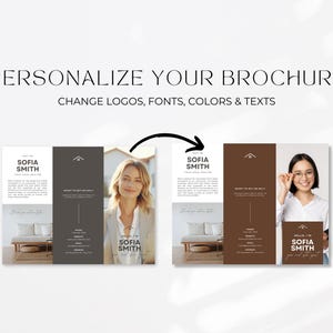 Puede incluir: Gr&aacute;fico que muestra dos dise&ntilde;os de folletos con el texto "PERSONALIZE YOUR BROCHURE" y "CHANGE LOGOS, FONTS, COLORS & TEXTS". Los folletos presentan el nombre "SOFIA SMITH" e im&aacute;genes de una mujer.