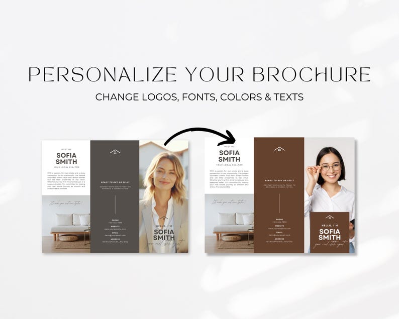 Puede incluir: Gr&aacute;fico que muestra dos dise&ntilde;os de folletos con el texto "PERSONALIZE YOUR BROCHURE" y "CHANGE LOGOS, FONTS, COLORS & TEXTS". Los folletos presentan el nombre "SOFIA SMITH" e im&aacute;genes de una mujer.