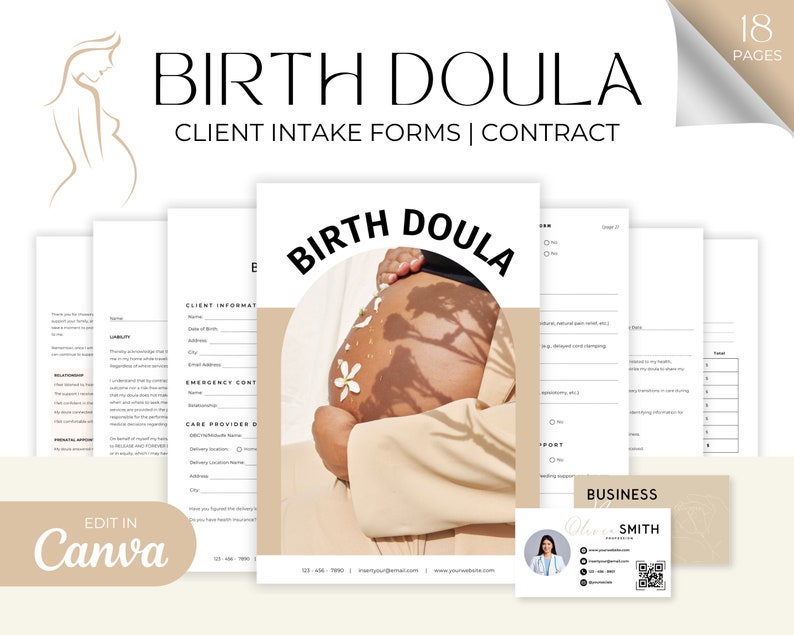 May include: A set of 18-page birth doula client intake forms and contracts featuring a central document with the text BIRTH DOULA, a photograph of a pregnant belly with floral shadows, and a business card for Olivia Smith with a QR code.