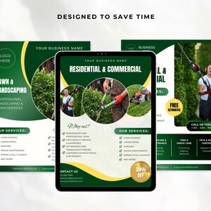 K&ouml;nnte beinhalten: Ein gr&uuml;ner und gelber Flyer mit dem Text "Lawn & Landscaping" und "Residential & Commercial" mit einem Bild einer Person, die einen Heckenschneider benutzt. Der Flyer listet Dienstleistungen wie Rasenm&auml;hen, Landschaftsgestaltung, Unkrautj&auml;ten, Heckenpflege, Fr&uuml;hjahr- und Herbstreinigung und mehr auf. Er enth&auml;lt auch ein Angebot von 30% Rabatt.