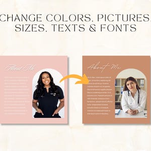 May include: A digital design showcasing two square layouts with the text "About Me" in cursive. One layout is pink with a photo of a woman in a black top. The other is brown with a photo of a woman in a white coat. The text "Change Colors, Pictures, Sizes, Texts & Fonts" is at the top.