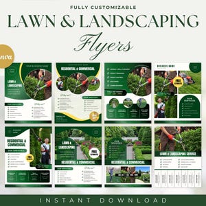 K&ouml;nnte beinhalten: Neun anpassbare Flyer-Vorlagen f&uuml;r Rasenpflege und Landschaftsgestaltung in Gr&uuml;n und Wei&szlig; mit dem Text "Lawn & Landscaping Flyers" und "Sofort-Download".