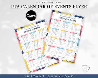 Modello di volantino per il calendario degli eventi PTA/PTO, volantino PTA/PTO, istruzione scolastica, marketing scolastico, volontariato scolastico, calendario eventi, Canva