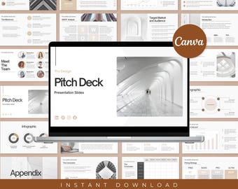 May include: A laptop screen displaying a pitch deck presentation template with a white background, black text, and architectural photography. The slides feature sections for milestones, SWOT analysis, target markets, and team introductions.