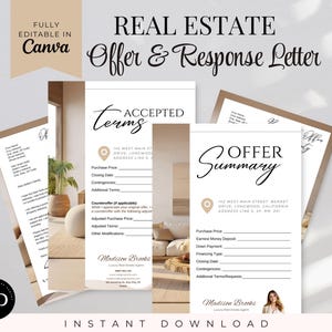 Carta de respuesta y oferta inmobiliaria editable, hoja de presentación con resumen de oferta, marketing inmobiliario, guía para compradores de vivienda, guía para vendedores, Canva