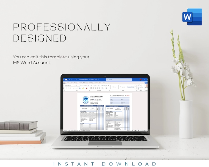 May include: A laptop computer screen displaying a cleaning proposal template in Microsoft Word. The template includes sections for customer information, services, pricing, and terms. The template is professionally designed and can be edited using Microsoft Word.