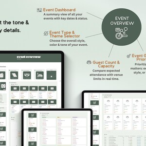 Puede incluir: Tres tabletas digitales que muestran una interfaz de panel de control de planificaci&oacute;n de eventos. Las pantallas muestran descripciones generales de eventos, paneles y opciones para establecer objetivos de eventos, recuento de invitados y selecci&oacute;n de temas. El texto incluye "Event Overview" y "Set the tone & key details."