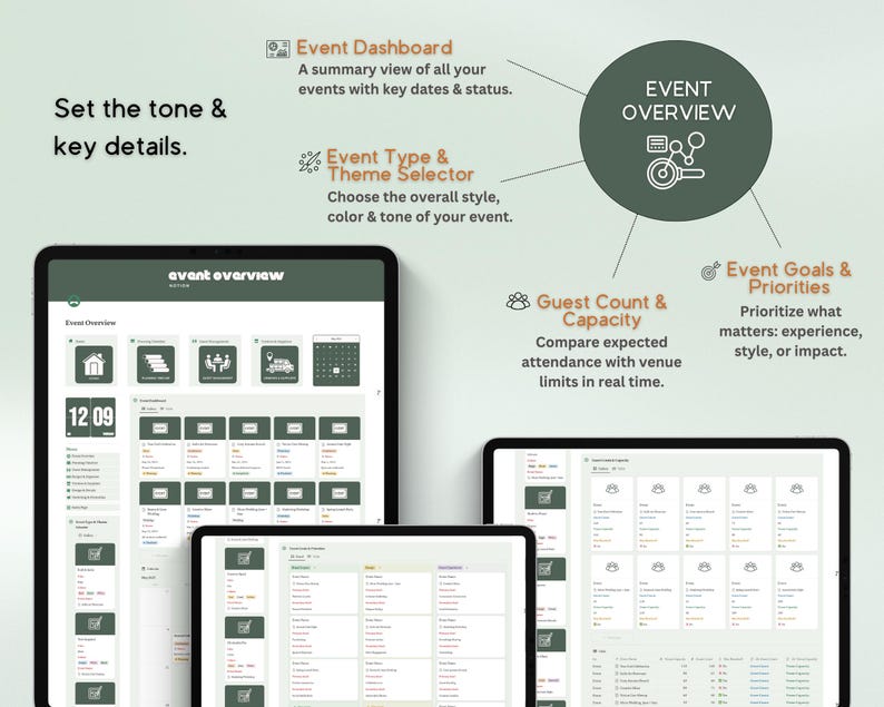 Puede incluir: Tres tabletas digitales que muestran una interfaz de panel de control de planificaci&oacute;n de eventos. Las pantallas muestran descripciones generales de eventos, paneles y opciones para establecer objetivos de eventos, recuento de invitados y selecci&oacute;n de temas. El texto incluye "Event Overview" y "Set the tone & key details."